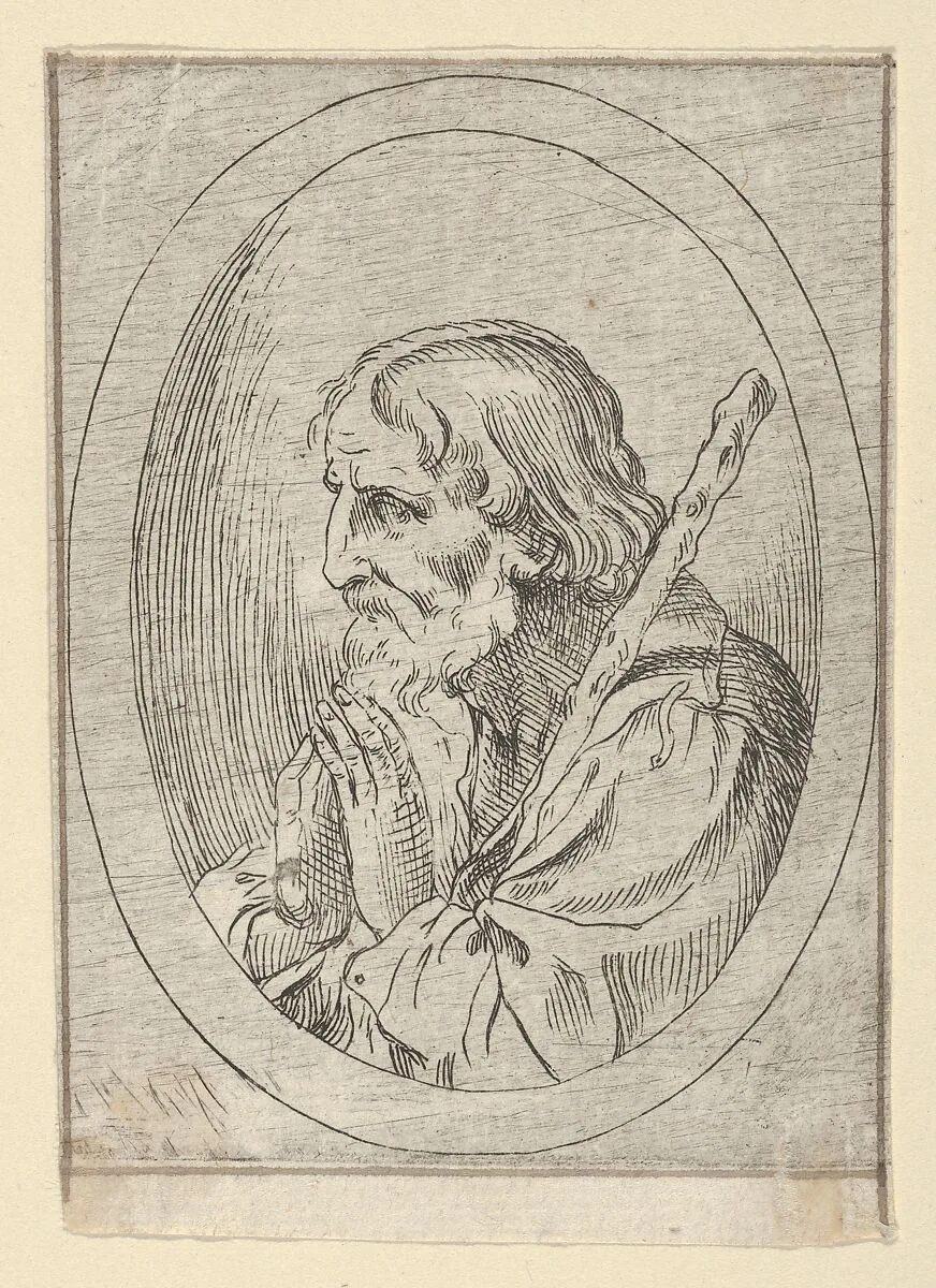 Saint Jude in prayer, seen in profile facing left with a staff resting on his shoulder, in an oval frame, from Christ, the Virgin, and Thirteen Apostles — Guido Reni|Anonymous, 17th century