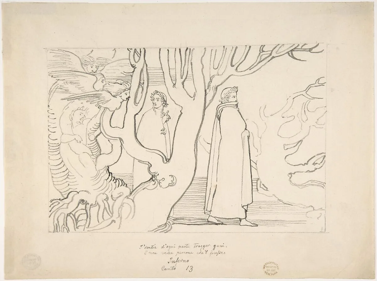 Dante and Virgil in the Suicidal Wood (Inferno, Canto 13, verses 22-23) — John Flaxman