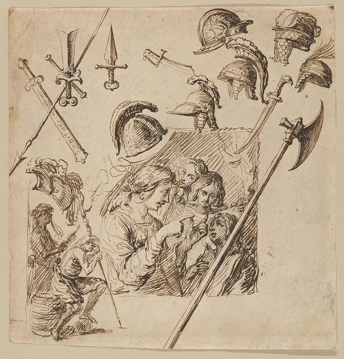 Sheet with Two Figural Compositions and Studies of Helmets and Arms — Jacques de Gheyn II
