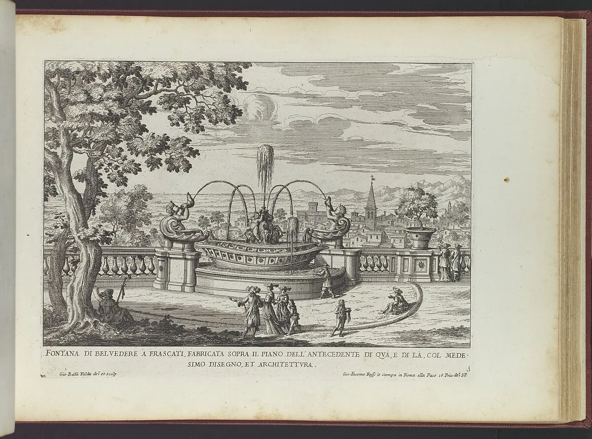 Fontana di Belvedere á Frascati (...), from 'La Fontane di Roma nelle Piazze e Luoghi Publici (...)', part 2, 'Le fontane delle ville di Frascati' (plate 5) — Giovanni Giacomo De Rossi|Giovanni Battista Falda