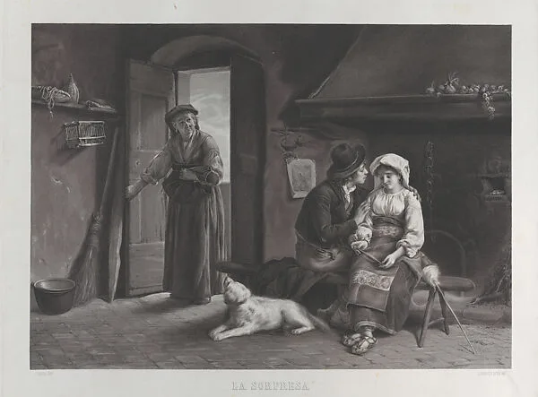 The Surprise (La Sorpresa), an old woman enters a cottage at left while a couple is seated at right — Luigi Bechi|Luigi Boscolo
