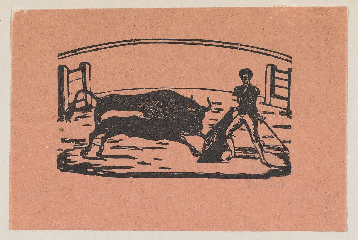 Bullfight (Bull on left; 1 man on right) — José Guadalupe Posada|Manuel Manilla