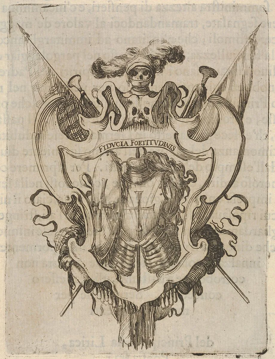 A cartouche with armor, a skull with armor and a helmet with feathers at top, from 'Eight Emblems for the Funeral of Francesco de Medici' (Huit emblèmes pour les funérailles du prince François de Médicis) — Stefano della Bella