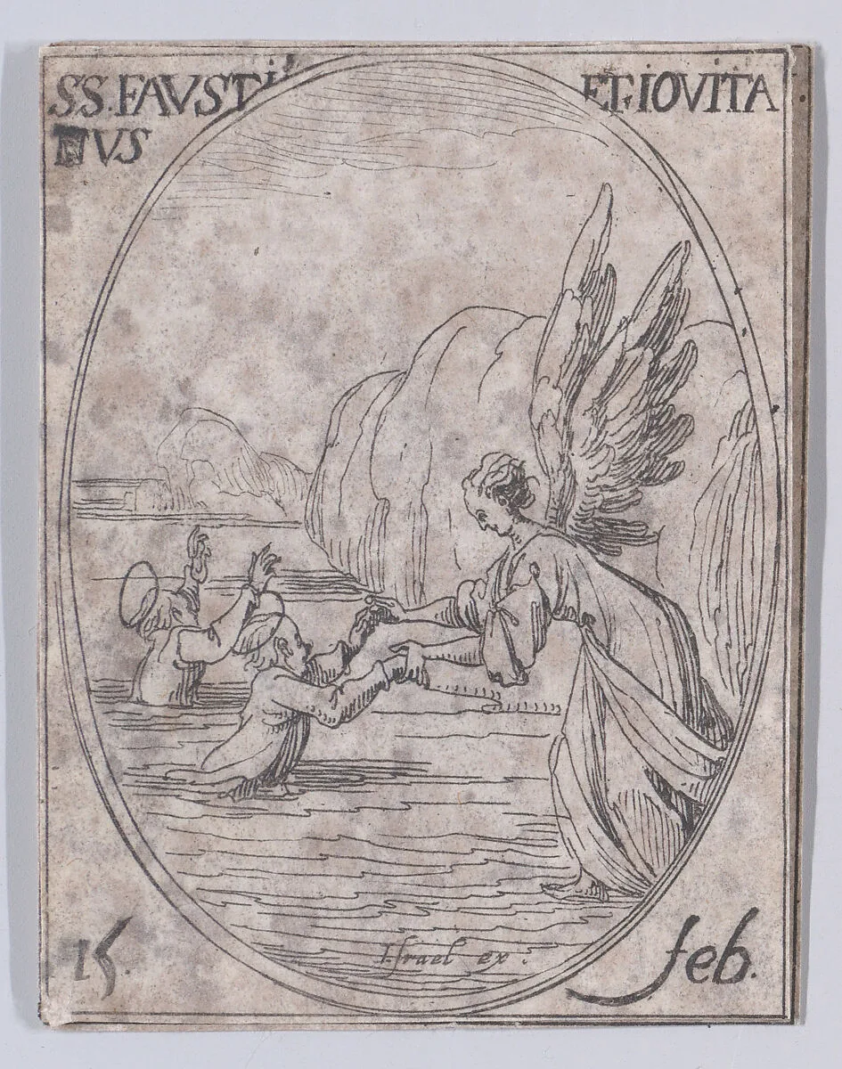 S. Faustin et S. Jovite (St. Faustinus and St. Jovita), February 15th, from "Les Images De Tous Les Saincts et Saintes de L'Année" (Images of All of the Saints and Religious Events of the Year) — Jacques Callot|Israël Henriet