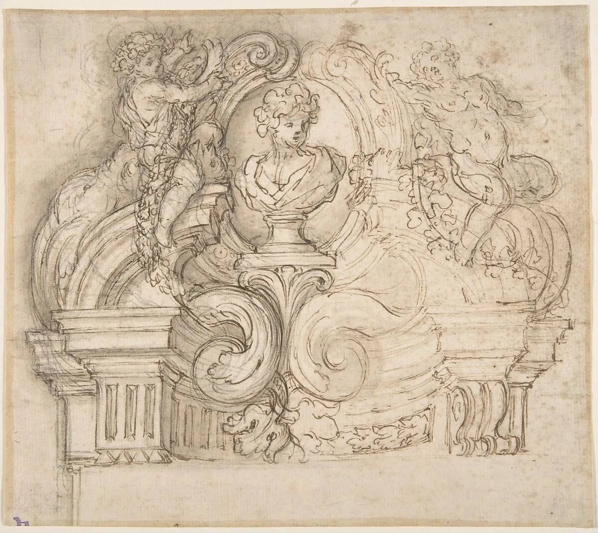 Design for an Overdoor or the Top of a Niche with a Bust and Garland-bearing Putti — Giovanni Battista Foggini
