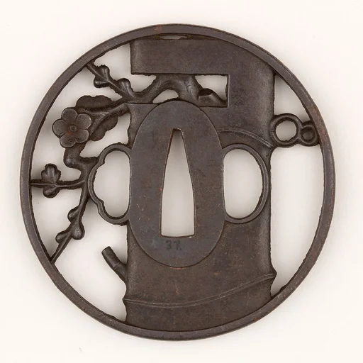Sword Guard (<i>Tsuba</i>) Depicting Bamboo Vase for <i>Ikebana</i> and Plum Branch