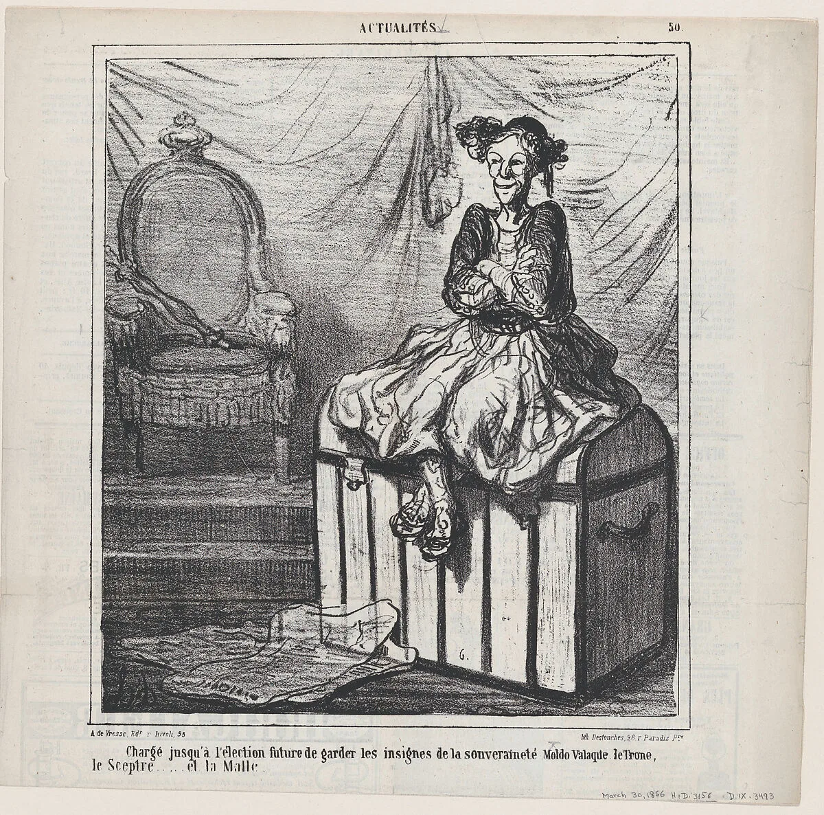 Entrusted with guarding the Insignia of Wallachian sovereignty until the forthcoming election: the throne, the sceptre ... and the trunk., from 'News of the day,' published in Le Charivari, March 30, 1866 — Arnaud de Vresse|Destouches|Honoré Daumier