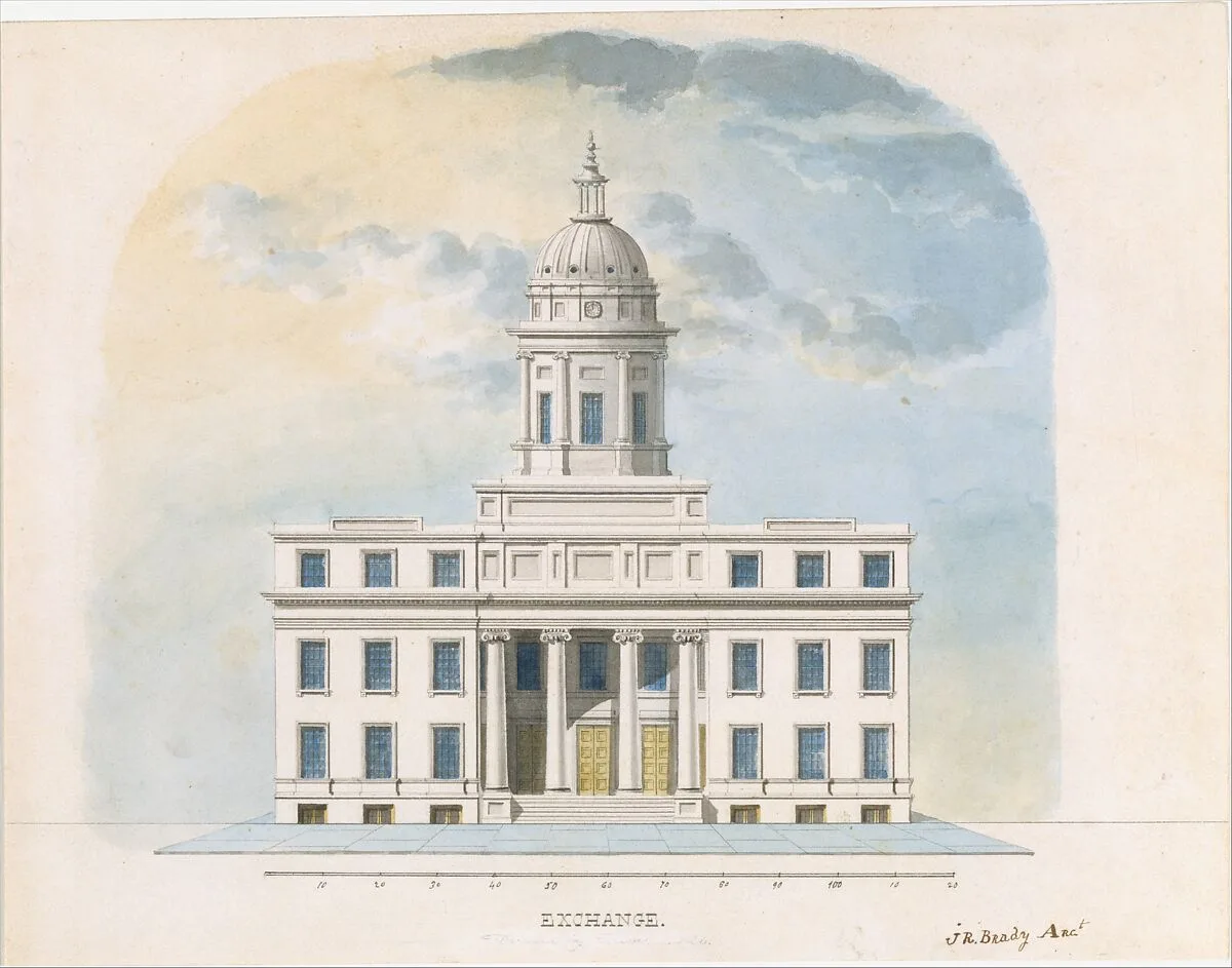 First Merchants' Exchange, New York (elevation of main façade) — Alexander Jackson Davis|Josiah R. Brady|Martin Euclid Thompson
