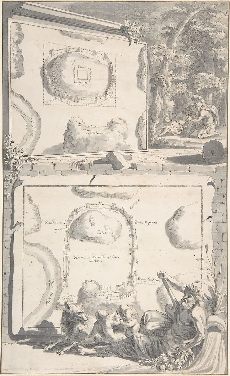 Two Maps of Ancient Rome with a River God and Romulus and Remus — Jan Goeree