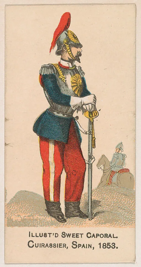 Cuirassier, Spain, 1853, from the Military Series (N224) issued by Kinney Tobacco Company to promote Sweet Caporal Cigarettes — Kinney Brothers Tobacco Company