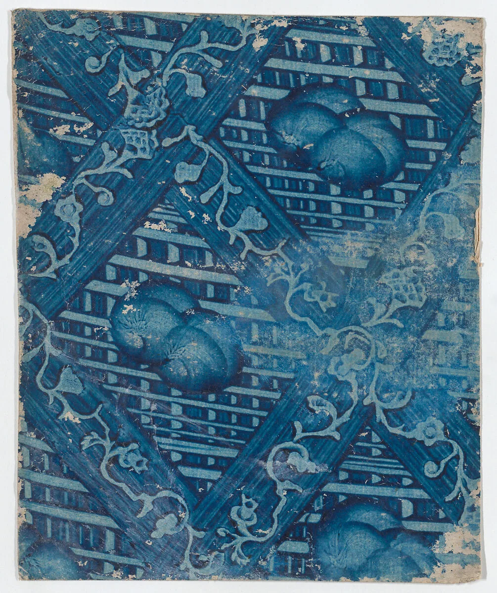Blue paste paper with striped and floral pattern — Anonymous