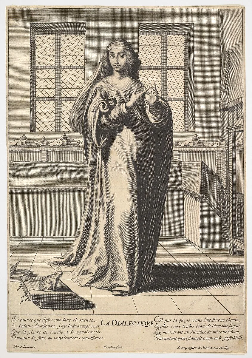 Dialectic: a young woman standing in a decorated interior and touching her right index finger to her left middle finger in a counting gesture, at her feet is a toad seated on a stack of books, from "The liberal arts" (Les arts liberaux) — Gilles Rousselet|Grégoire Huret|Pierre Mariette