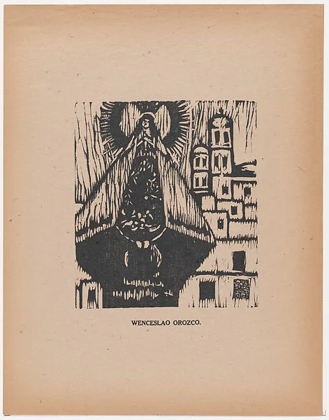 Effigy of the Virgin, possibly part of street parade, from the portfolio 'Los pequeños grabadores en madera, alumnos de la Escuela Preparatoria de Jalisco' (Guadalajara, Mexico 1925). — Wenceslao Orozco