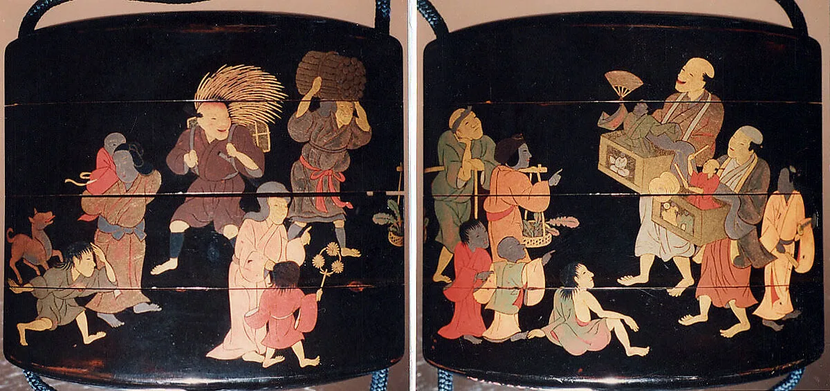 祭蒔絵印籠|Inrō with Street Festival (obverse); People Watching a Puppet Show (reverse) — Tatsuke Takamasu