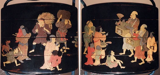 祭蒔絵印籠|Inrō with Street Festival (obverse); People Watching a Puppet Show (reverse)