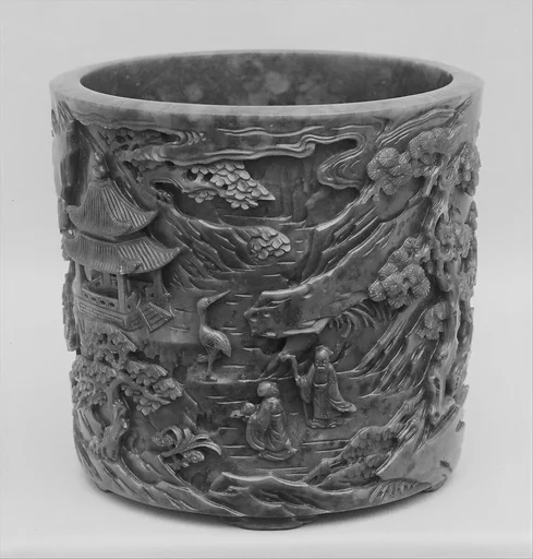 清中期 玉雕人物圖筆筒|Brush pot with Daoist paradise