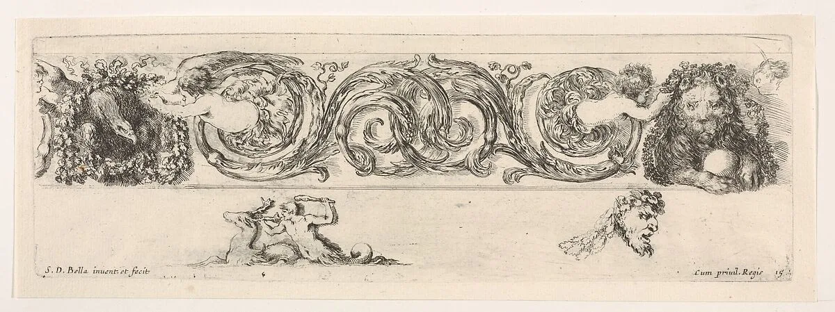 Design for a Frieze with Acanthus Scrolls and Two Small Figural Motifs Below, Plate 15 from: 'Decorative friezes and foliage' (Ornamenti di fregi e fogliami) — Stefano della Bella