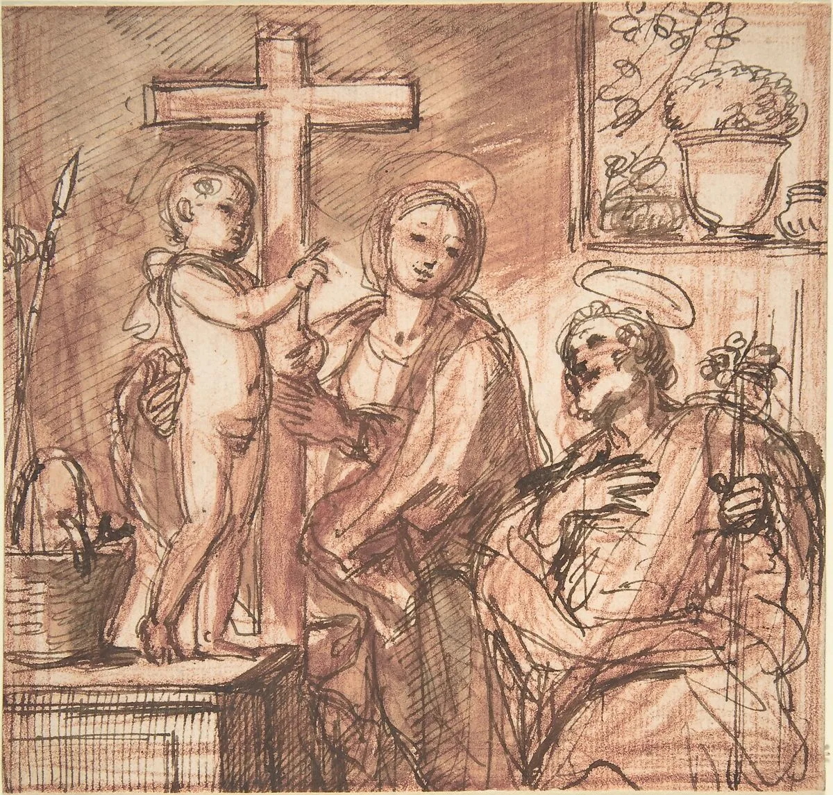 Holy Family in an Interior — Anonymous, Italian, Roman-Bolognese, 17th century