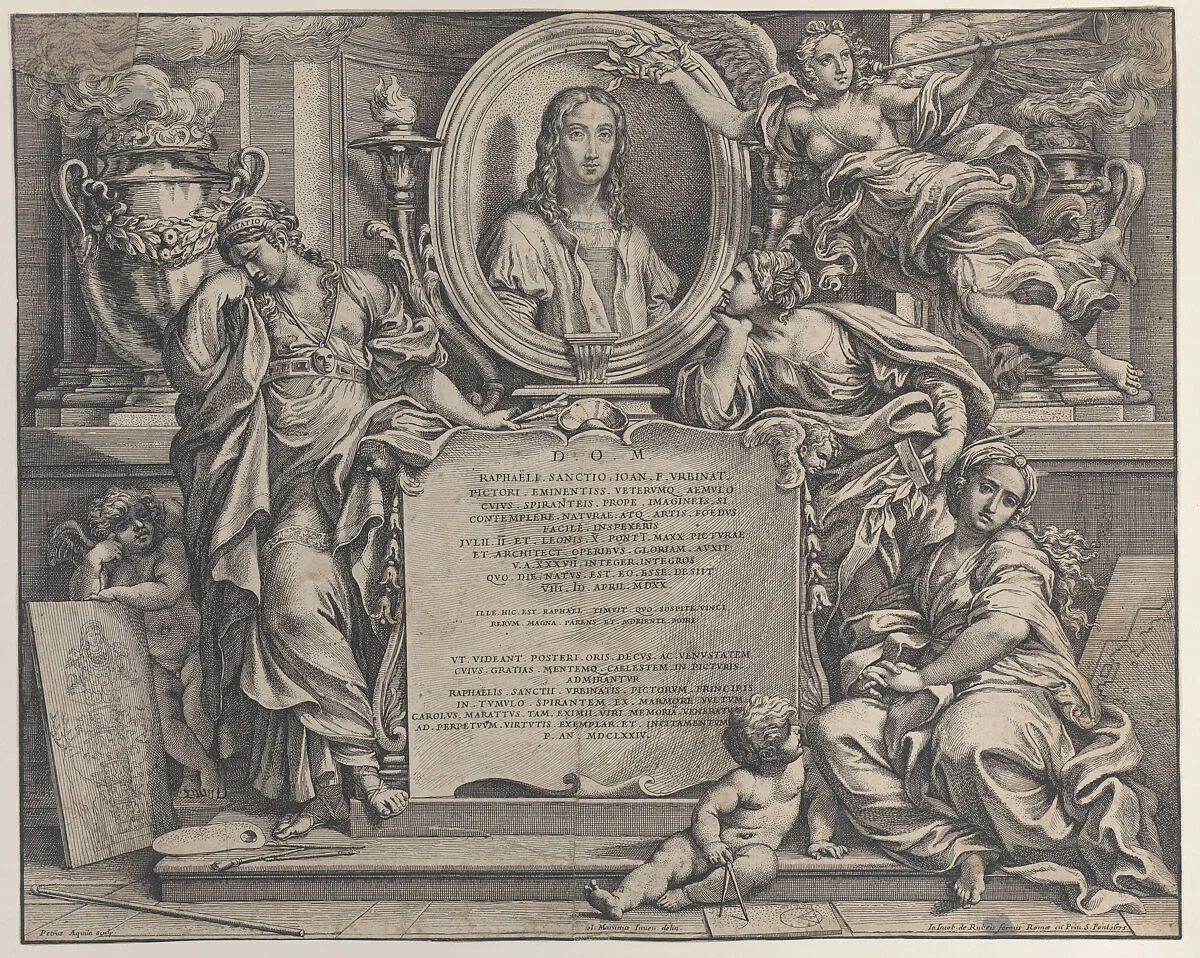 Frontispiece with oval portrait of Raphael, with three allegorical figures of the Arts supporting the tablet at center — Carlo Maratti|Raphael (Raffaello Sanzio or Santi)|Pietro Aquila|Giovanni Giacomo De Rossi