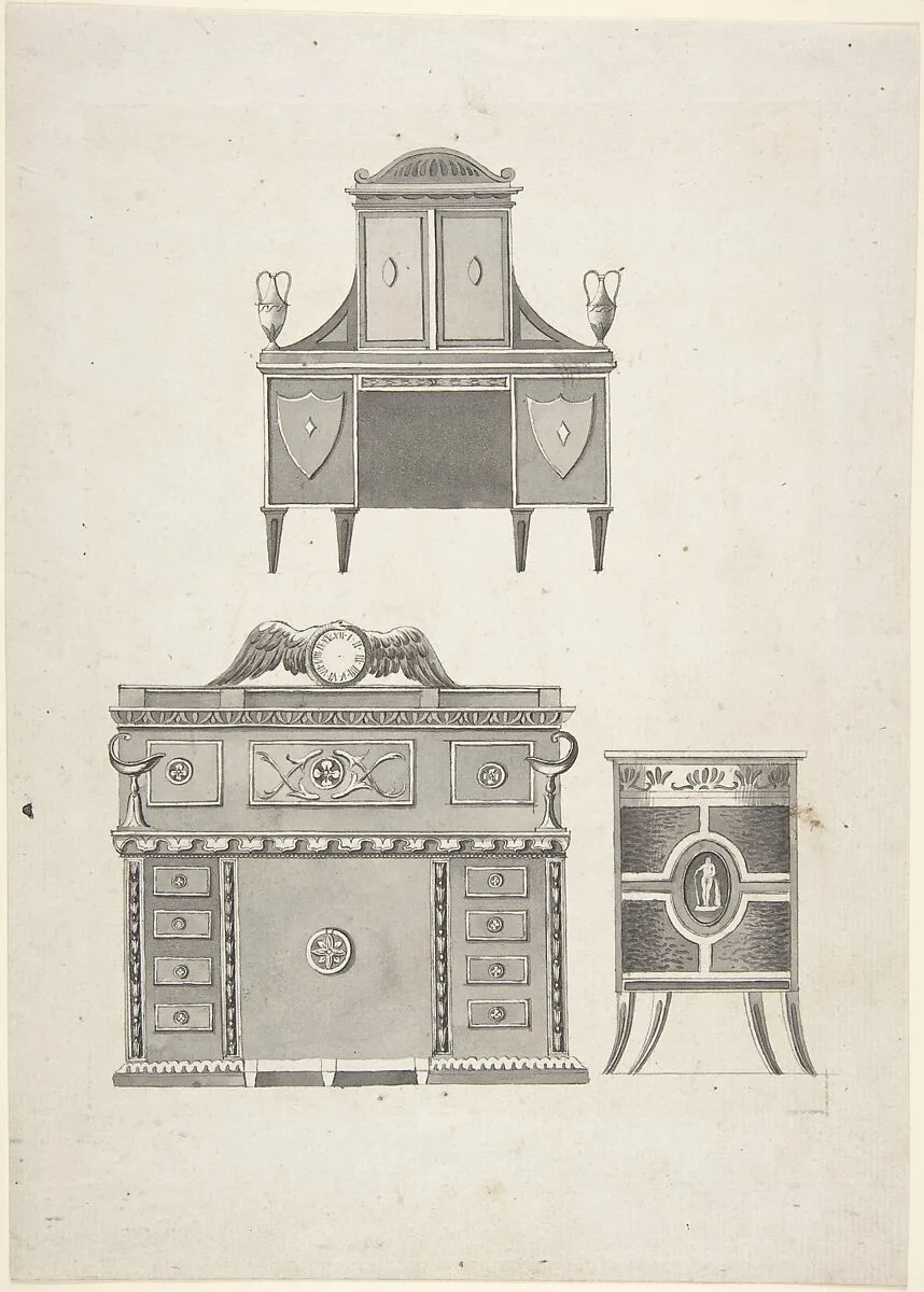 Designs for furniture in a variation on the style of Thomas Sheraton, a breakfront, a sideboard, and a low cupboard — Anonymous