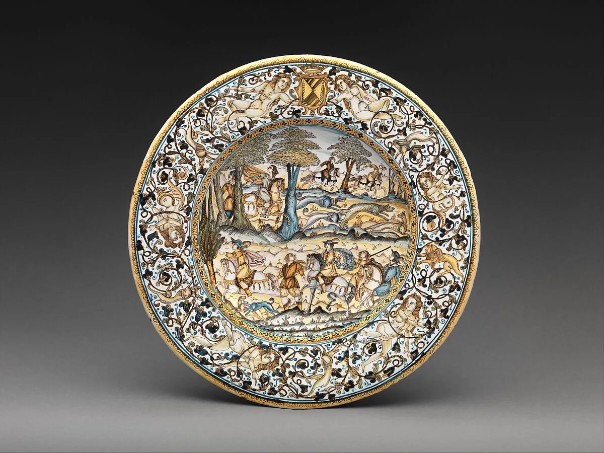 Plate with hunting scene and arms of the Alarçon y Mendoza family — Francesco Grue