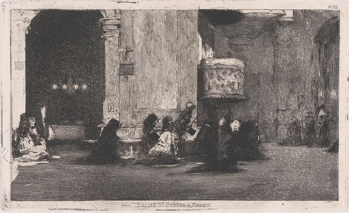 Entrance to the church of St Joseph (San José), Madrid, figures seated on the ground in front — Mariano Fortuny, 1838–1874