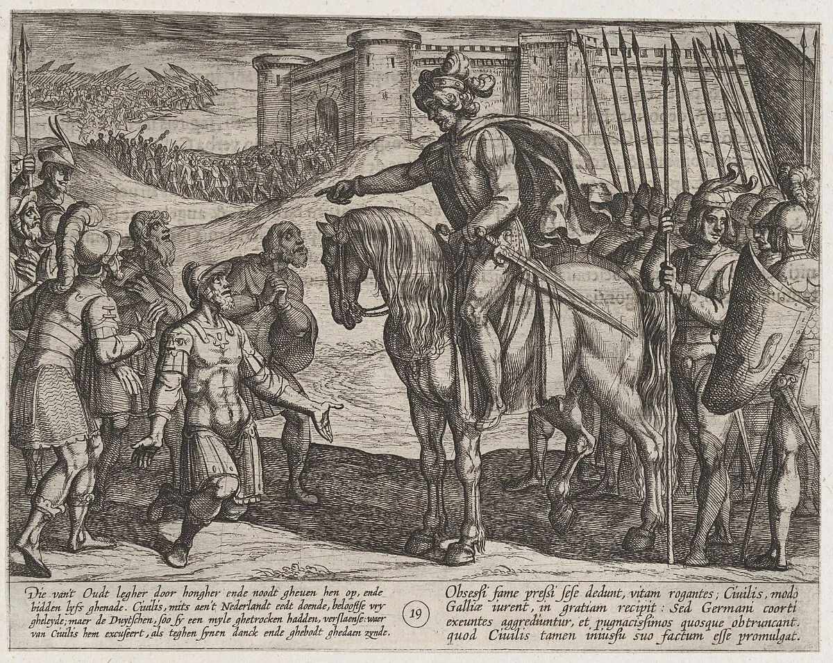 Plate 19: Men from the Fortress Surrender and Pledge Their Lives to Civilis, from The War of the Romans Against the Batavians (Romanorvm et Batavorvm societas) — Antonio Tempesta|Otto van Veen
