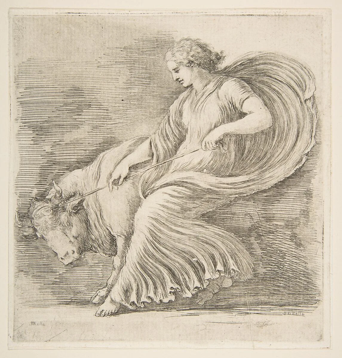 Young Woman Trying to Stop a Bull — Stefano della Bella
