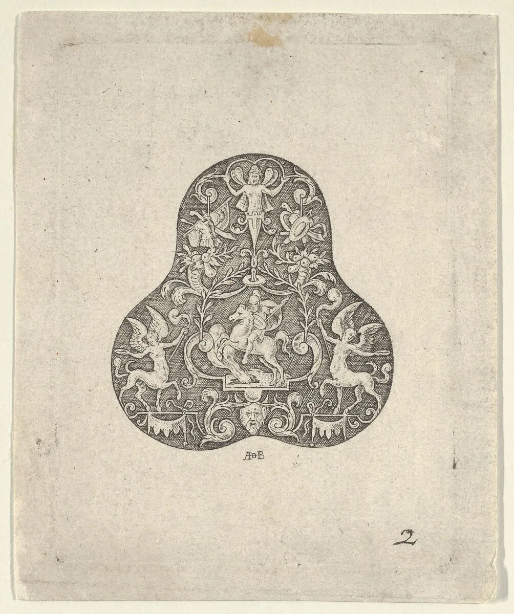 Vertical Panel with a Pear Shaped Design with a Mounted Soldier and Centaurs — Abraham de Bruyn