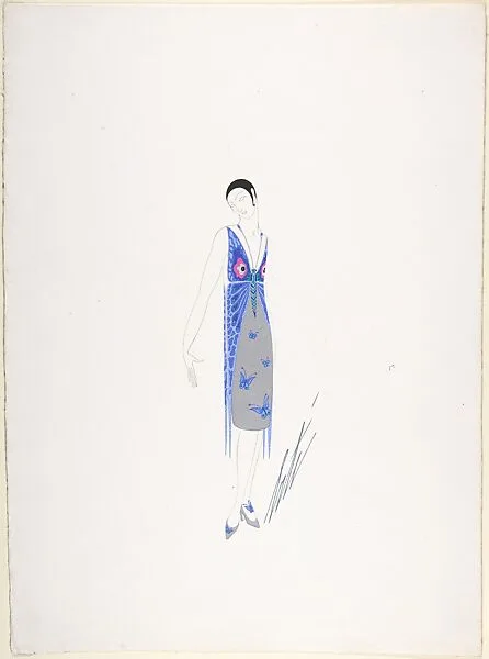 Design for Silver and blue Dress with Butterfly Motif for "Manhattan Mary," Majestic Theater, New York — Erté (Romain de Tirtoff)