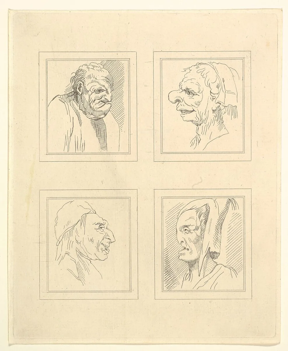 Four Heads (from Characaturas by Leonardo da Vinci, from Drawings by Wincelslaus Hollar, out of the Portland Museum) — John Clarke|Leonardo da Vinci|Wenceslaus Hollar