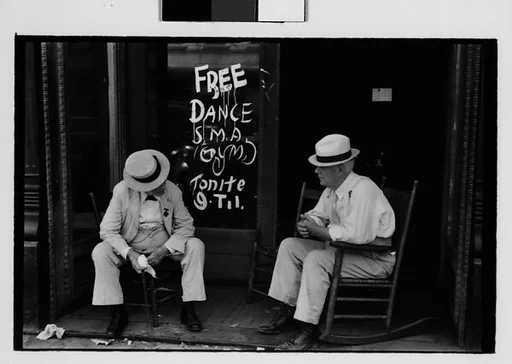 [Five 35mm Film Frames: Two Elderly Men in Conversation on Porch in Front of Painted Sign for "Free Dance", Greensboro, Alabama?]