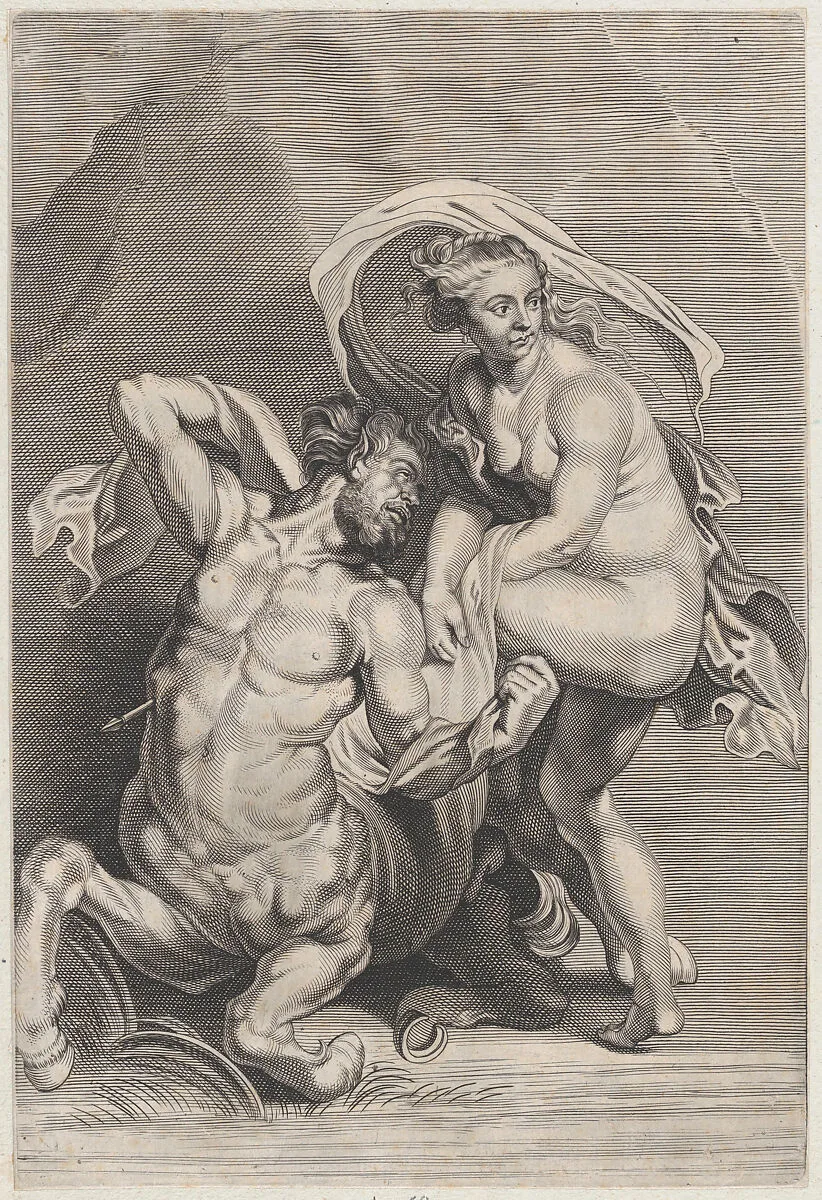 Deianeira receiving the poisoned tunic from Nessus, and the wounded centaur falling to the ground at left — Anonymous|Peter Paul Rubens