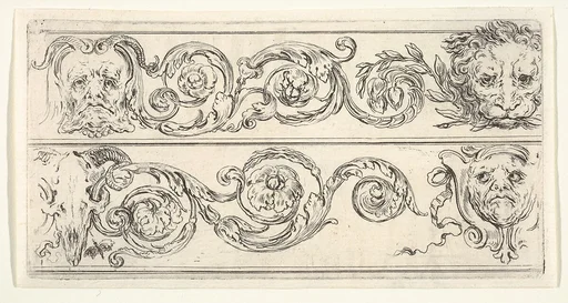 Plate 5: two friezes; at top, a grotesque head of an old man to left, a lion head to right, at bottom, a ram skull to left, a grotesque head of a man to right, from 'Friezes, foliage, and grotesques' (Frises, feuillages et grotesques)