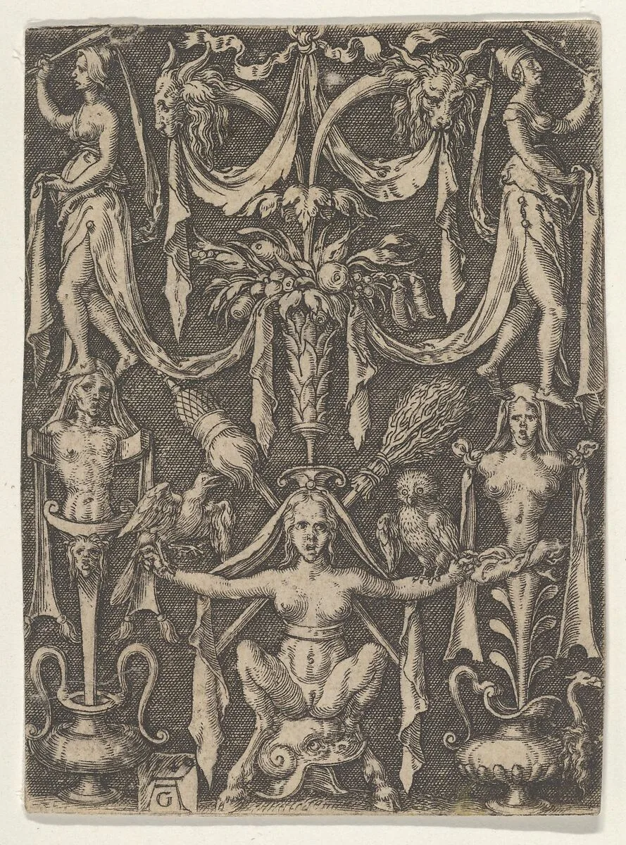 Panel with a Candelabrum Containing a Female Satyr Seated on a Helmet — Heinrich Aldegrever