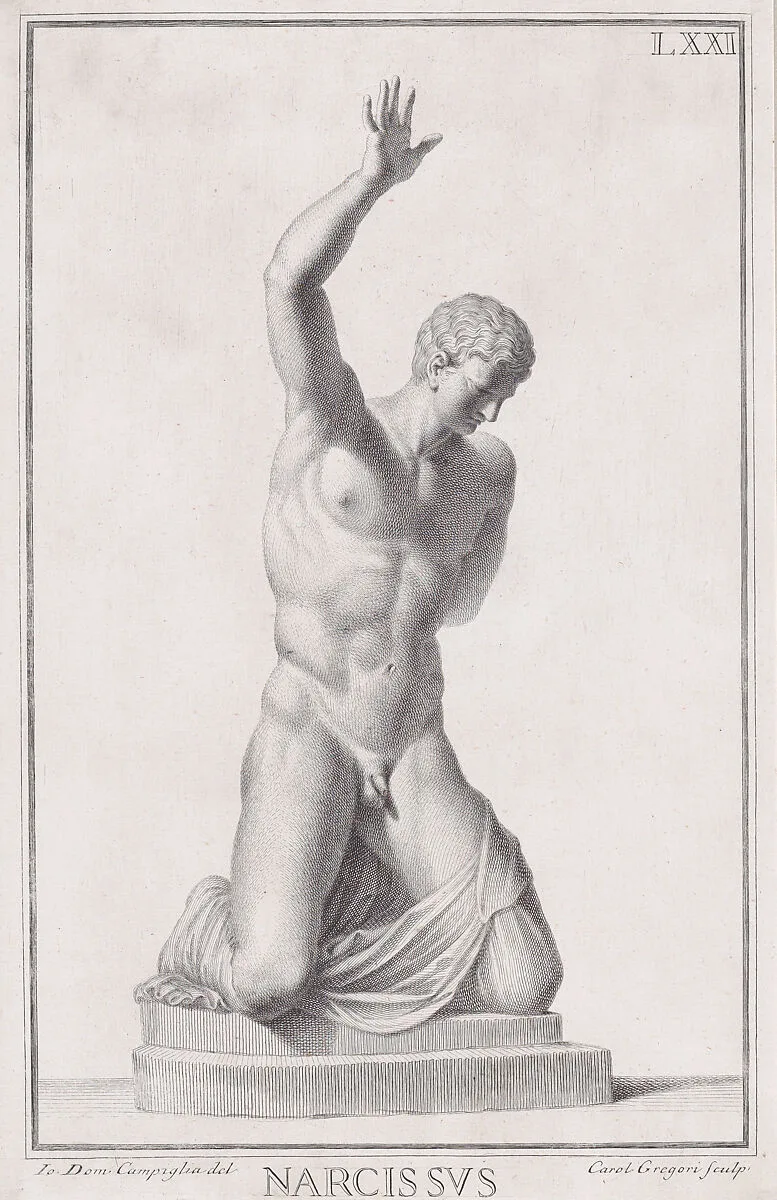 Plate LXXI (71): Narcissus, from "Museum Florentinum" (Statuae antiquae dorum et virorum illustrium) — Giovanni Domenico Campiglia|Carlo Gregori
