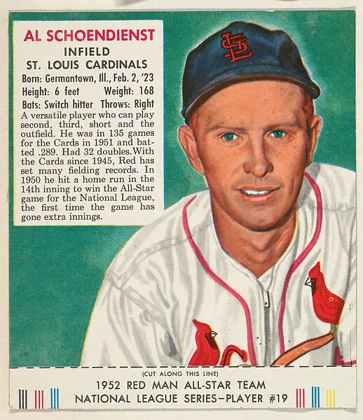 Al Schoendienst, from the Red Man All-Star Team series (T232), issued by Red Man Chewing Tobacco — Red Man Chewing Tobacco