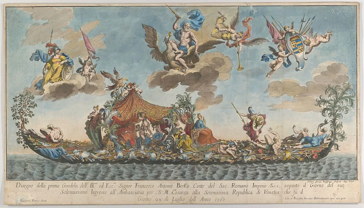 The highly ornamented first gondola of Francesco Antonio Berka entering Venice, Gods on clouds in the sky — Johann Georg Wolfgang|Liberal Benaglia