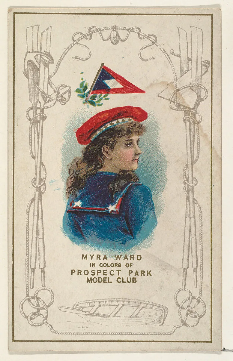 Myra Ward in Colors of Prospect Park Model Club, from the Yacht Colors of the World series (N140) issued by Duke Sons & Co. to promote Honest Long Cut Tobacco — W. Duke, Sons & Co.
