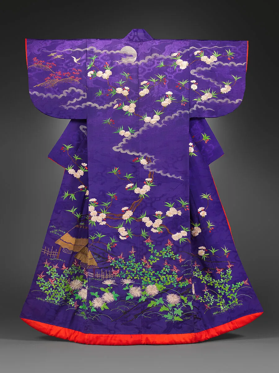 紫綸子地雲月雁桜萩菊模様小袖|Robe (kosode) with landscape and seasonal flowers — Unknown