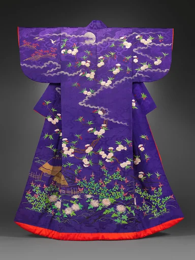 紫綸子地雲月雁桜萩菊模様小袖|Robe (kosode) with landscape and seasonal flowers