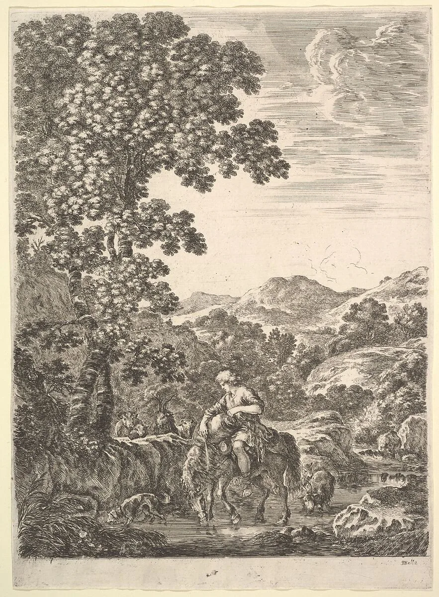 A shepherd on horseback in the middle of a stream, facing left, dogs, goats and cows follow to left and right, a large tree to left and mountains to right in the background, from 'Four large landscapes' (Quatre grands paysages en hauteur) — Stefano della Bella