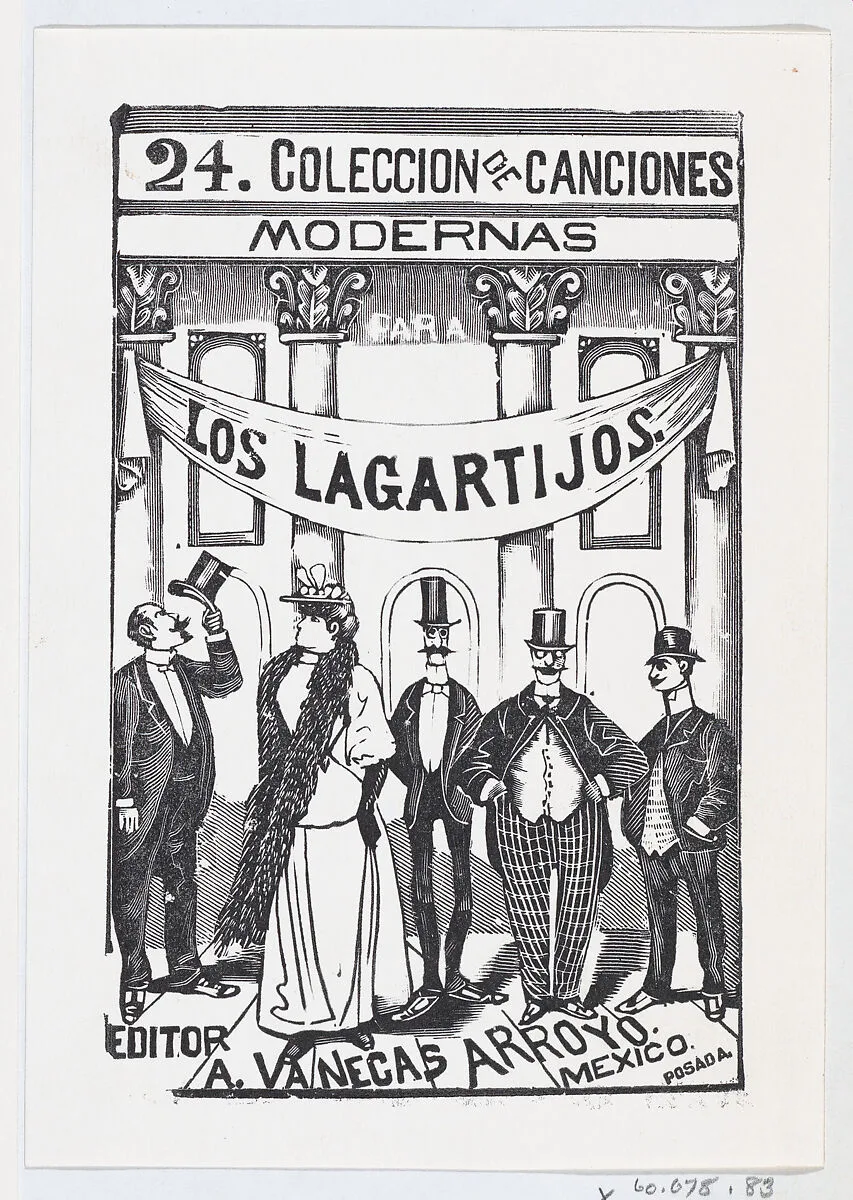 Four men and one woman in fine clothes standing in a line under a banner, illustration for 'Los Lagartijos (The Dandies)' — José Sanchez|José Guadalupe Posada