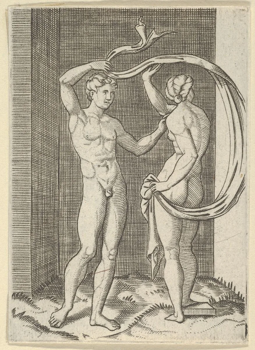 Naked woman viewed from behind holding fabric which billows behind her, looking at naked man standing before her — Marcantonio Raimondi|Anonymous|Baccio Bandinelli