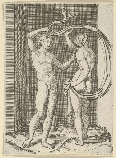 Naked woman viewed from behind holding fabric which billows behind her, looking at naked man standing before her