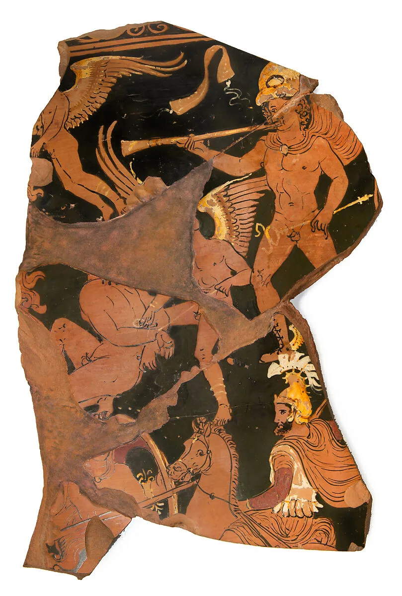 Fragment of a terracotta volute-krater (bowl for mixing wine and water); joins 19.192.81.5,.11,.19 — Baltimore Painter