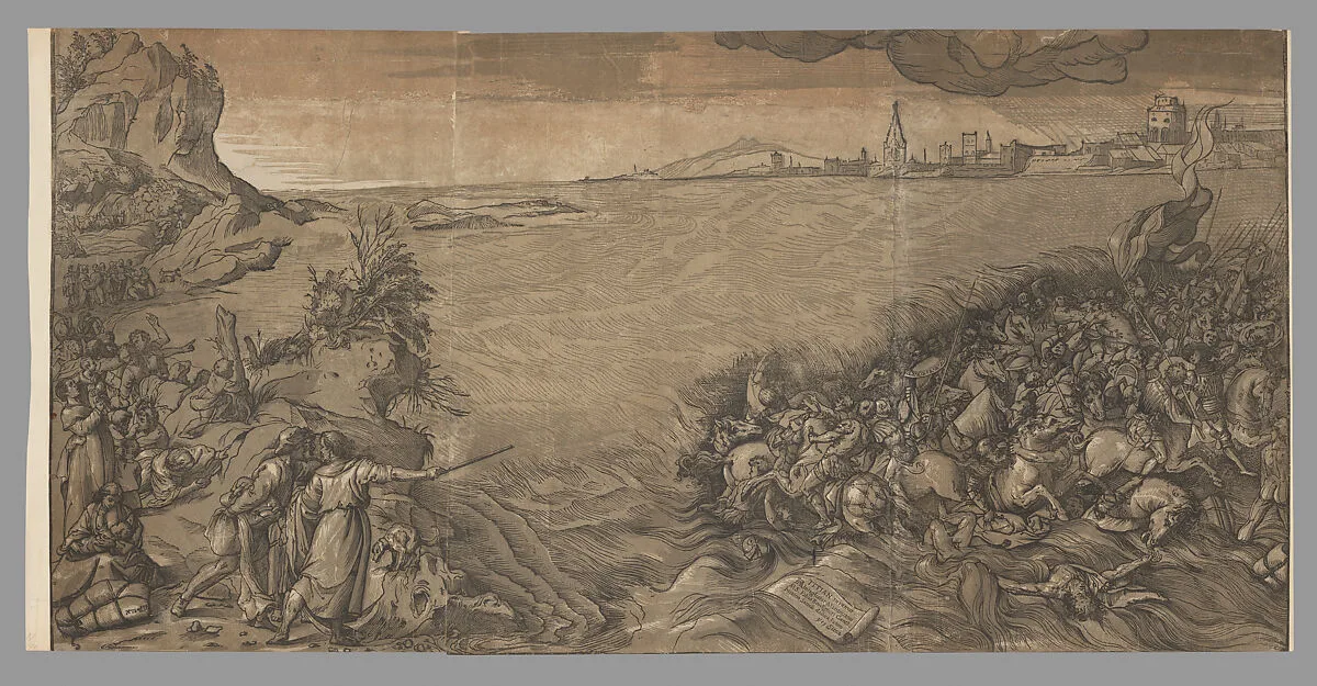 The crossing of the red sea, Moses stands at the left pointing to the army being submerged, after Titian — Titian (Tiziano Vecellio)|Andrea Andreani