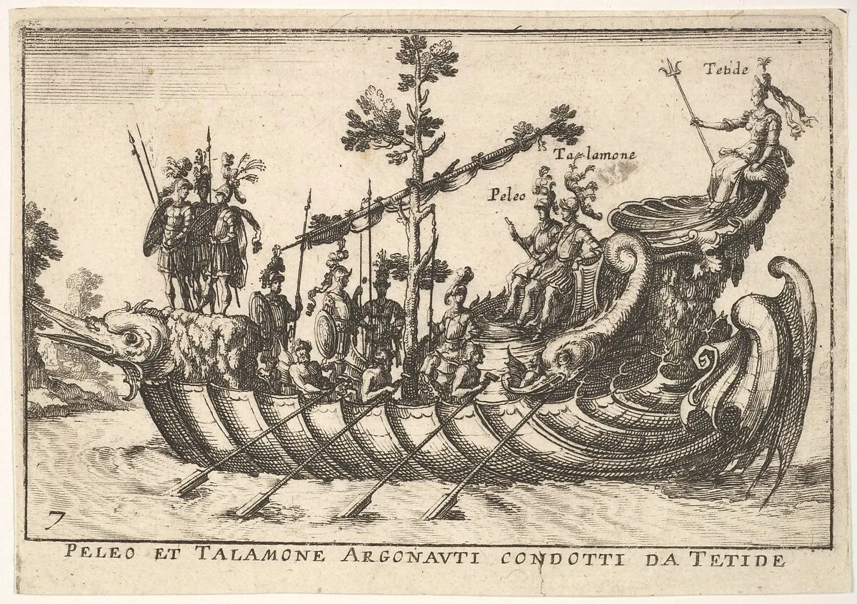 Plate 7: Peleo et Talamone Argonauti condotti da Tetide, from The magnificent pageant on the Arno in Florence for the marriage of the Grand Duke (Le Manifique Carousel fait sur le fleuve de l'Arne a Florence, pour le mariage du grand Duc) — Anonymous|Giulio Parigi|Remigio Cantagallina|Jean Sauvé