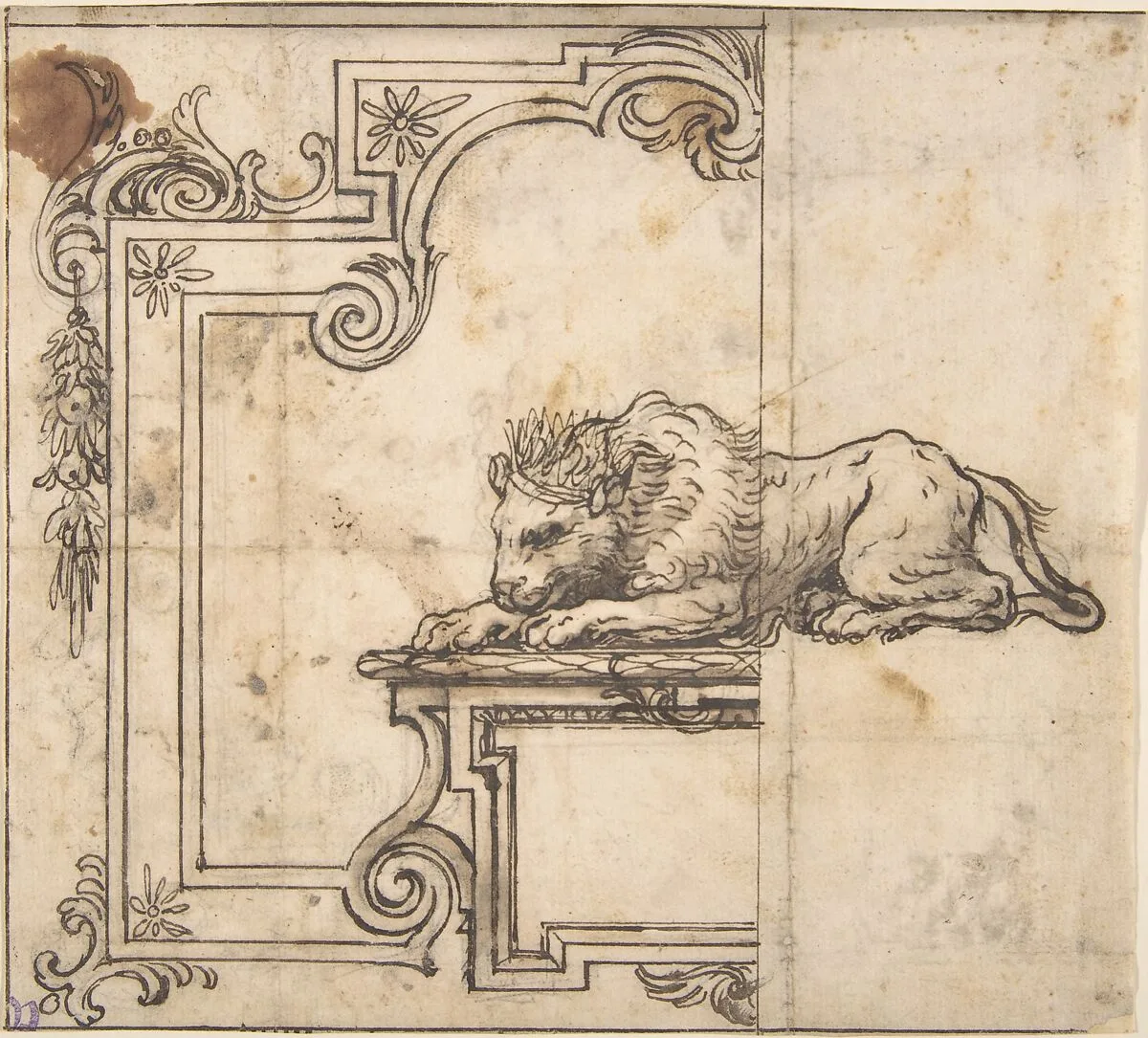 Design for a Frame with Two Compartments and a Crowned Lion — Anonymous, Italian, 17th century