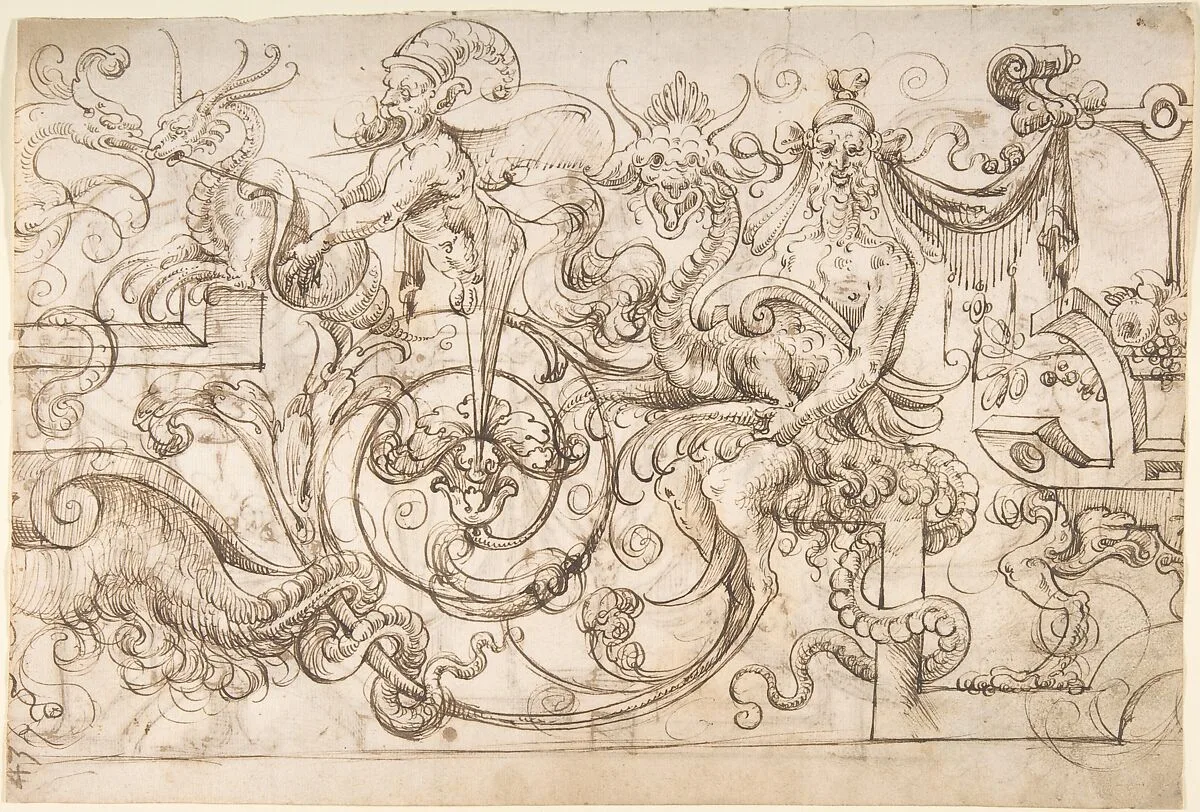 Grotesque panel with satyrs, herms, and strapwork (recto); winged creatures and strapwork (verso) — Andrés de Melgar